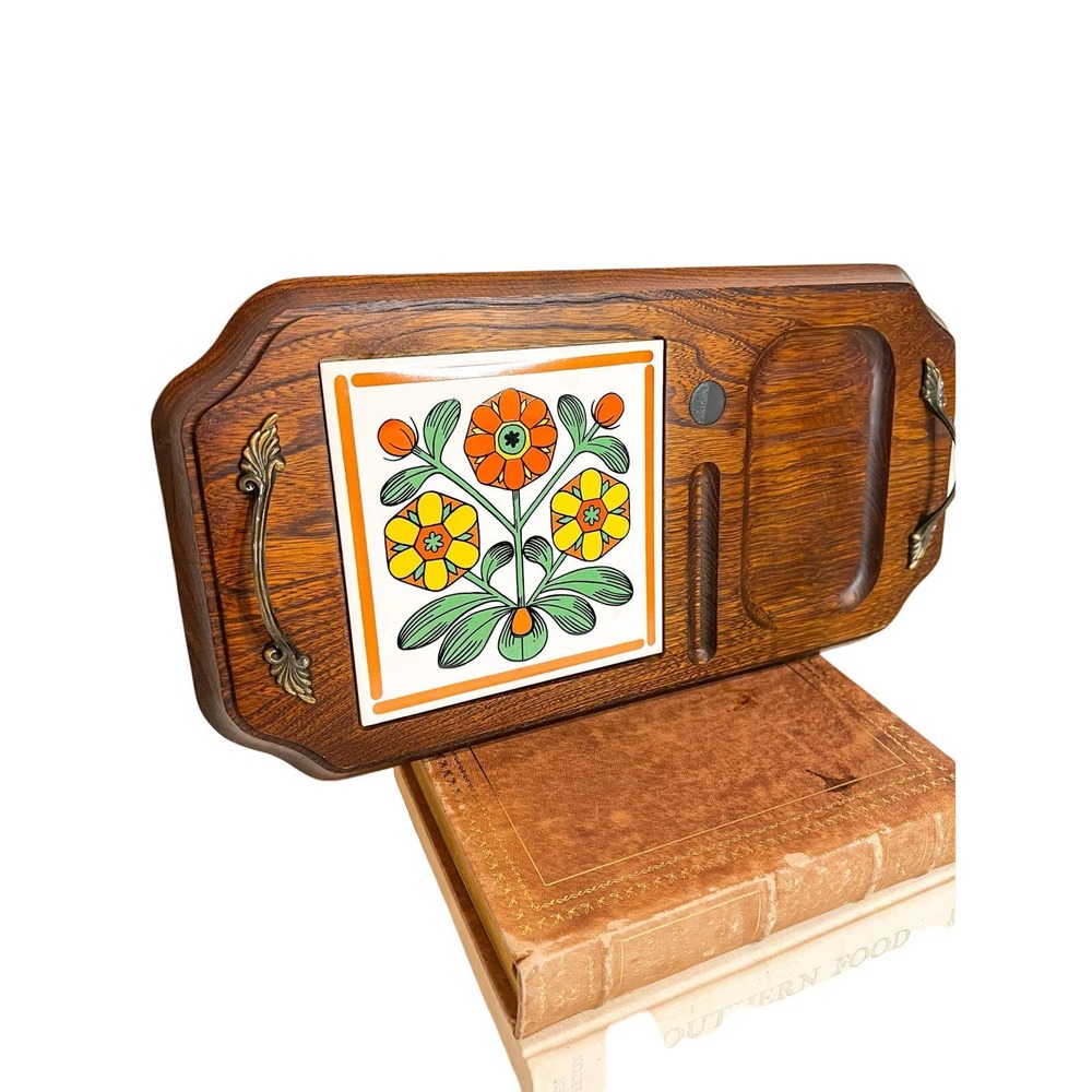 Gail Craft Wood & Ceramic Tile Cheese Board Appetizer Serving Tray Vintage